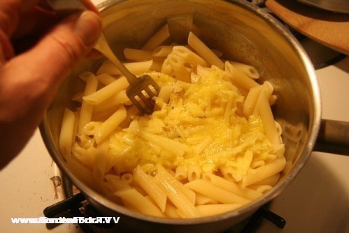 Add the egg-cheese to the warm pasta