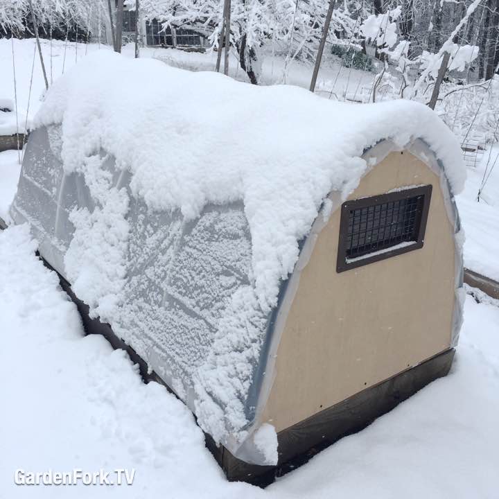 mini hoop house covered in snow